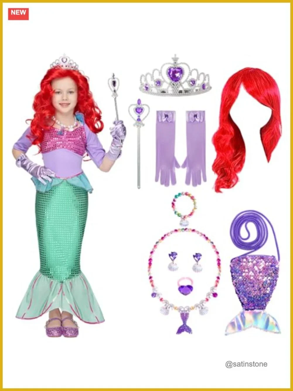 Girls Sequin Mermaid Costume Dress Set with Wig and Accessories Halloween